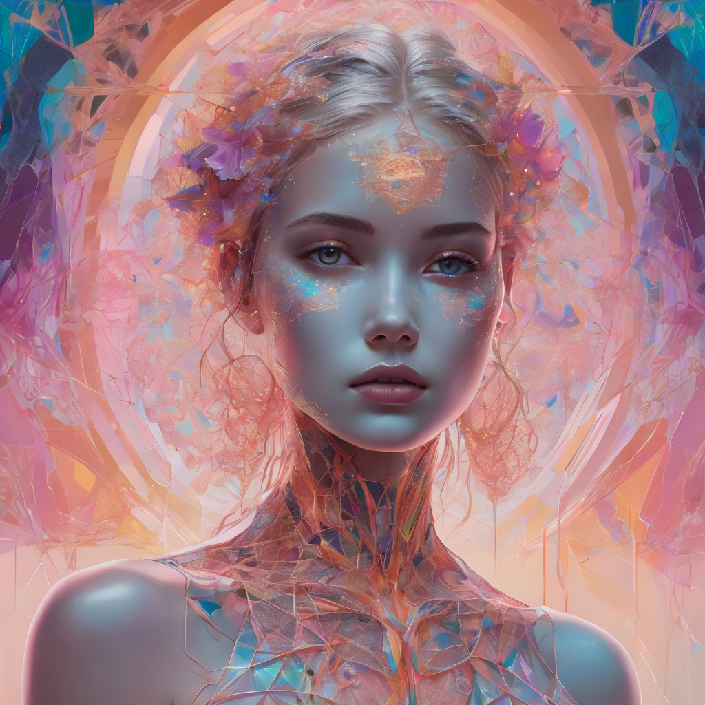 a girl made out of liquid glass, pastel neon colors, and intricate sacred geometry, translucent face and skin, detailed, r...