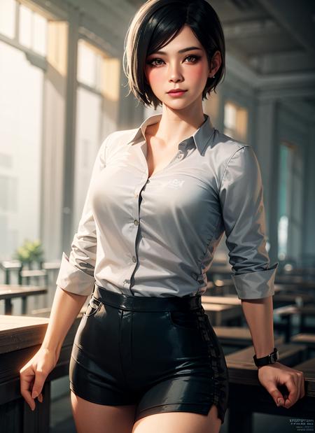 1girl, cowboy shot of beautiful ada, looking at viewer, white shirt, black skirt, black hair, blush, short hair, athletic night, volumetric lighting, best quality, masterpiece, intricate details, tonemapping, sharp focus, hyper detailed, trending on Artstation, ada, realistic <lora:sxz-ada:0.6>