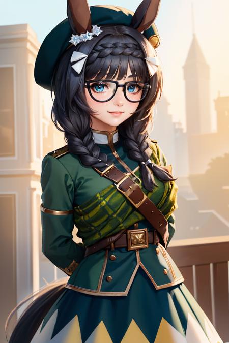 (masterpiece, best quality:1.2), solo, 1girl, zennorobroy, smile, looking at viewer, arms behind back, braid, beret, horse ears, glasses, green jacket, long sleeves, green skirt, scarf, horse tail <lora:umamusume_zennorobroy-10:1>