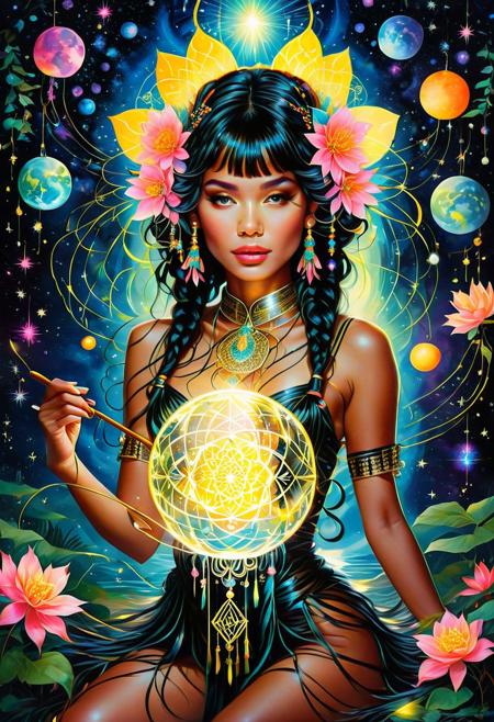 , describe the world after taking psychedelic drugs  
 snow cake extrodinaire fleeting, ethereal, alluring, sparkling, artistic, mysterious, delicate, zavy-hrglw, Hyperdetailed Wildlife Photography, (detailed face), reflection, (lots of details:1.2), (sharp focus:1.2), a with long curly neon yellow hair, Louis Royo's works, watercolor painting, bright, beautiful Moa Kikuchi in summer, splash, big perfect brown eyes, long black braids, sparkling, cute and charming, filigree, scarlet flowers, backlight at the edges, lights, extremely fluffy, magical, surreal, fantasy, digital art, wlop, artgerm and James Jean, fiction, golden ratio, trending on cgsociety, intricate, epic, trending on artstation, highly detailed, vivid, cinematic character transfer, ultra-high quality model
(lightpink_blunt_bangs_bunches),A cyber-couture revelation unfolds with a data-driven diva adorned in holographic haute couture complex, black-and-white, twisted, by Graham Sutherland, Dan Mumford, Massimo Vitali, Hikari Shimoda, Xanti Schawinsky, (professional, intricate details, masterpiece, best quality:1.5) Ink illustration on parchment. Tarot card style. An Amerindian woman, Shaman, crafting a dream catcher, tribal aesthetic, mystical light, firefly orb, captured souls, shadow night skies, milky way, runes, arcane, astral, surreal, ethereal glow, p