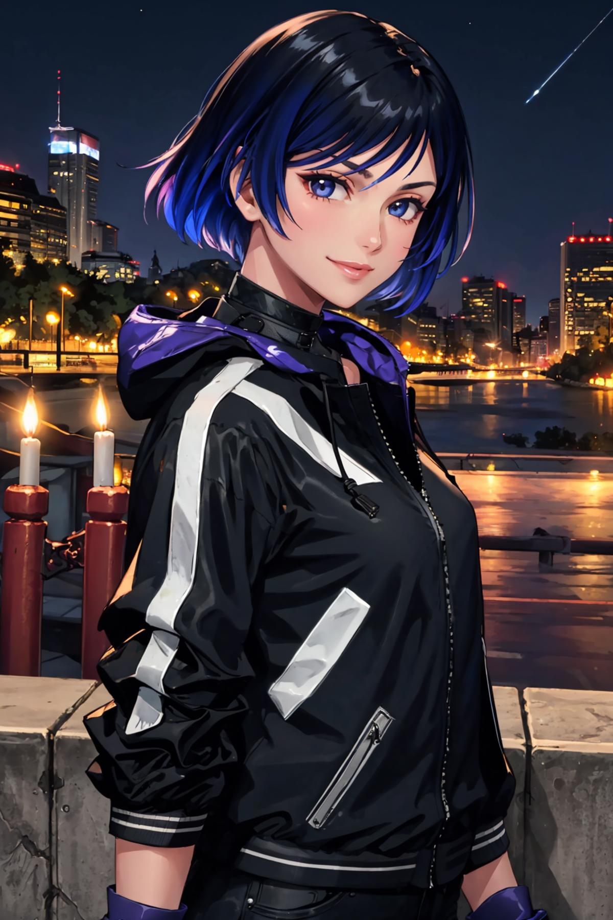Anime drawing of a blue haired girl wearing a black and white jacket.