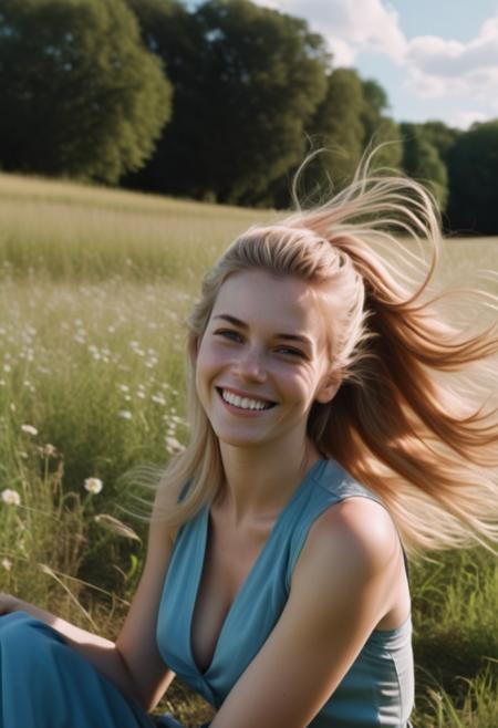 This is a photograph of a woman, from a low angle, with long blonde hair pulled back. With a big smile she stares at the viewer with her light colored eyes while sitting in a meadow. Her short sleeve, cyan blouse has a plunging neckline showing off some cleavage. One leg is bent and her hand is resting on her knee. Clouds fill the sky and there is a slight breeze blowing her hair in the middle of a summer day.  casting shadow style, extremely intricate details, masterpiece, epic, clear shadows and highlights, realistic, intense, enhanced contrast, highly detailed skin