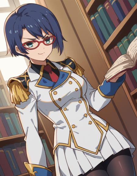 kasumi shigure, short hair, blue eyes, green eyes, blue hair, glasses, red-framed eyewear, medium breasts, skirt, pantyhose, necktie, uniform, black pantyhose, military, military uniform, epaulettes