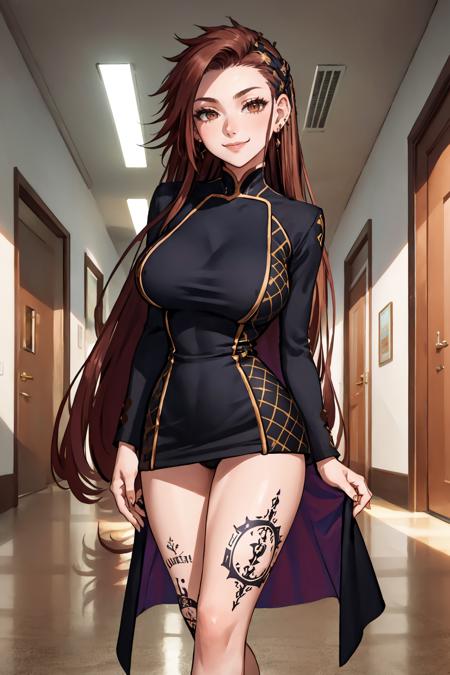 masterpiece, best quality, <lora:fsrdorothea-nvwls-v1-000009:0.9> fsrdorothea, earrings, black dress, long sleeves, leg tattoo, large breasts, leaning forward, looking at viewer, smile, hallway, standing, from below, hands on own legs