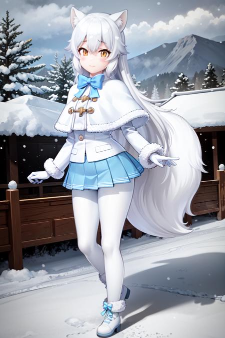 <lora:ArcticFoxKemonofriends_Hottkyokugitsune:0.7>,ARCTICFOX,
1girl,solo,masterpiece, best quality, high quality,delicate facial features,mishoujo,hyper_detail,game cg, finely detailed beautiful eyes and detailed face,lustrous skin,colorful
chibi_kumamon_(kemono_friends), white hair,long hair, animal ears,fox ears, fox tail, fox girl, long hair, hair between eyes, yellow eyes,
white coat, white shirt, (white pantyhose:1.1),  (blue bow:1.1), blue skirt,fur collar,fur trim, white capelet, white gloves, blue bowtie, miniskirt, (white_shoes:1.1), fur-trimmed sleeves, long sleeves, 
(looking at viewer:1.3), (full_body:1.3),(standing:1.3),:3,blush,smile,closed mouth, 
(field:1.2),mountain,(blue_sky:1.2),(cloud),tree,(snowing:1.3),(snowflakes:1.4), (snow:1.3)