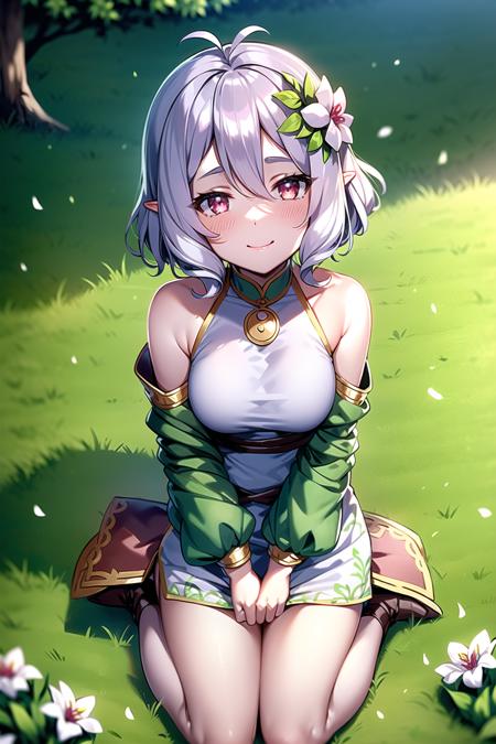 flower, letterboxed, white flower, kokkoro \(princess connect!\), flower field, 1girl, on grass, hair between eyes, field, lily \(flower\), elf, solo, grass, bangs, hair ornament, onigiri, sleeveless, antenna hair, daisy, hair flower, sleeveless dress, smile, dress, bare shoulders, pointy ears, closed mouth, eyebrows visible through hair, silver hair, blush, garden, red eyes, outdoors, sitting, puffy sleeves, green dress, clover, breasts, pink flower, puffy long sleeves, looking at viewer, seiza