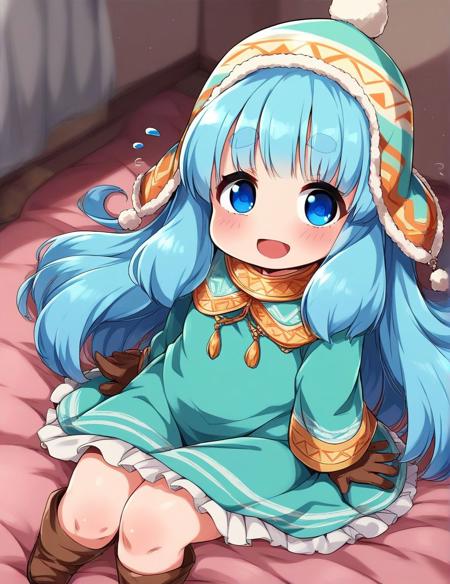 runemaster, long hair, blue eyes, flat chest, bangs, very long hair, aqua hair, thick eyebrows, blue hair, chibi,