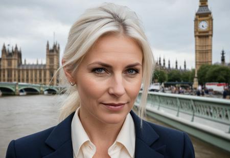 London – Business Attire with Micro-Textured Skin**  
*"A dermatologically precise, ultra-high-resolution 8K photograph of a stunning 40-year-old Caucasian woman with **hyper-realistic skin texture**: faint forehead wrinkles, crow's feet with delicate creasing, visible pores around the nose, and a subtle unevenness under natural light. Her **platinum blonde hair** is tied in a low ponytail, with flyaways for realism. She wears a tailored navy blazer, a silk cream blouse, and black trousers, standing on Westminster Bridge with Big Ben in the bokeh. **Skin details**: dewy T-zone, faint sunspots on cheeks, and a barely-there peach fuzz. Shot on a **Sony A7R V** with a 90mm macro lens, f/4, ISO 100, **cross-polarized lighting** to highlight skin imperfections. Editorial realism, no retouching."*