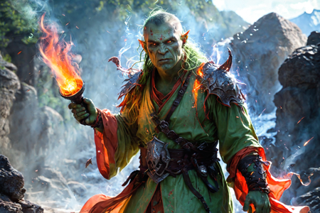 bioluminescent, an orc healer with green skin, wearing a robe with herb pouches, holding a mortar and pestle, solo, from the Fireforge Clan, with blackened armor and fiery orange tattoos, a riverbank with flowing water, rocky shore, scattered fish bones, detailed background, forging a weapon, hammering on an anvil, calm, relaxed posture, wide shot, a pit fight tournament with orcs fighting, crowds cheering, blood on the ground, a crude dagger with a bone handle, nearby, on an icy slope, slippery surface, dusty, dry air, sand swirling, harsh sunlight, noon, bright overhead sun, clear shadows, warm air, best quality, vibrant colors, realistic style, high detail, high-definition, hyper-realistic, extremely high-resolution details, fine texture, incredibly lifelike, realistic, not cartoon, not drawing, highres, 4K resolution, source photo, realistic photo, masterpiece, best quality, amazing quality, very aesthetic, ultra-detailed, detailed textures, natural lighting, soft light, desert tan tones, sandy beiges and yellows, lava glow, fiery red glow, high angle shot, looking down, <lora:Mystic_Lumina_r1-000007:0.9>