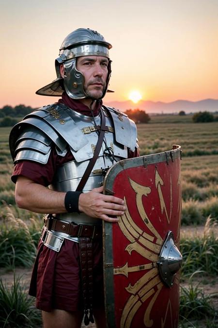 a spanish man wearing loriseg armor and helmet  in a wheat field, red shirt, red tunic, holding a big shield, outdoors, hills, sunset <lora:loriseg_V2-10:0.7>