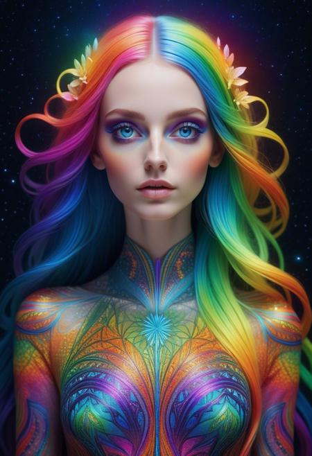 beautiful young skinny girl, long rainbow colored hair, blue eyes, Full-Body Fluorescent Woman Bathed in Neon Rainbow Shades following Her Delicate Form creating Surreal patterns, Featuring Intricate Patterns, night sky, hyperdetailed painting, 4k resolution, 3d render, octane render, intricately detailed patterns, cinematic, trending on artstation Isometric Centered hypereallistic cover photo awesome full color, gritty, intricate, hand drawn , gritty, realistic mucha , intricate, hit definition , cinematic,Rough sketch, bold lines, on paper.
