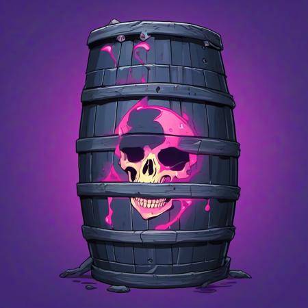 legendary barrel full of liquid biohazards with skeleton flowing on a plain background