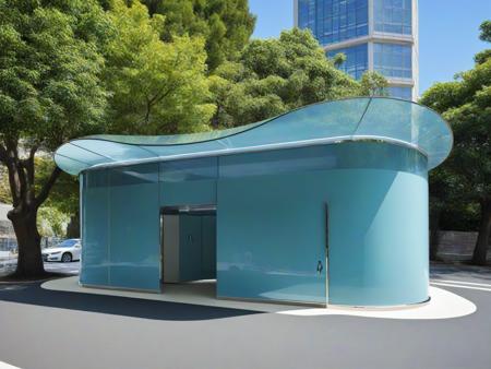 <lora:JJsPublicToilet_XL:1>, masterpiece , best quality, ((Public Toilet)), outdoors, sky, day, tree, blue sky, ground vehicle, building, scenery, motor vehicle, walking, city, car, road, lamppost, street, real world location,  highly detailed, curvy, wood, glass, canopy,