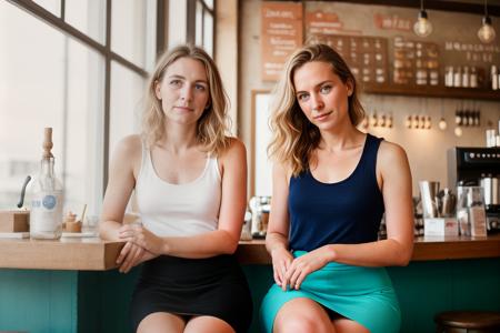 Isabelle, Corinne and Heike in a coffee-shop, multiples hair colors, short and long hair, disheveled or wavy or pig-tailed hair, multiple eye colors, multiples ages and morphology BREAK Isabelle a 40 years old German teacher wears a white tank top, a red skirt and blue leggings and sits cross-legged on the bar stool, short hair break Corinne an 28 years old Italian punk lady arrived wearing an elegant pale pink knee-length dress, a beige spring jacket, white pumps and has bare legs break Heike a French female 25 years old physics student wearing short sundress is flirting with Isabelle break hot summer day, full-body portrait, raw photo, highly detailed, expressive faces, real skin, skin pores, wide angle, film hazy, warm summer lighting, after-work mood