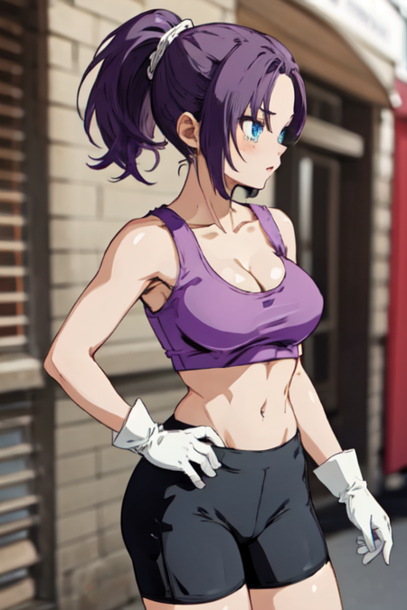 SonBra, 1girl, solo, long hair, purple hair, blue eyes, white gloves, navel, large breasts, ponytail, shorts, midriff, crop top, pink tank top, bike shorts, cleavage, 