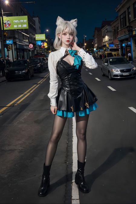 <lora:Lynette:0.8>, Lynette_genshin,((1girl)), cowboy shot,close-up,grey hair, cat ears, black short dress, black pantyhose, white long sleeves, (black boots), cleavage, full body,standing,outdoors, cityscape, streets, buildings,