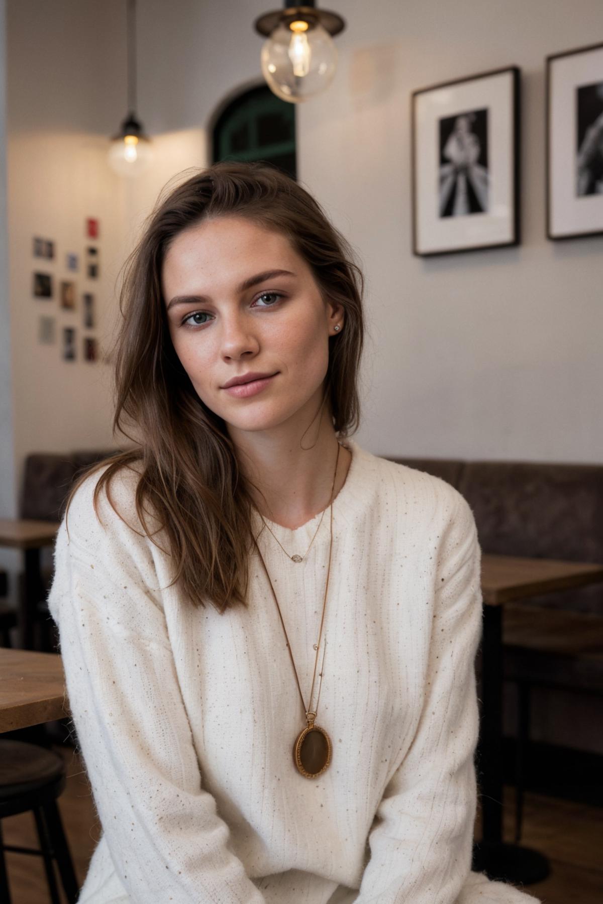 A woman wearing a white sweater and gold necklace sitting in a restaurant.
