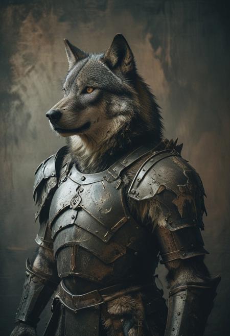 a wolf in iron armour, studio background, high-contrast palette, subtle grain, cinematic quality, modern art photograph