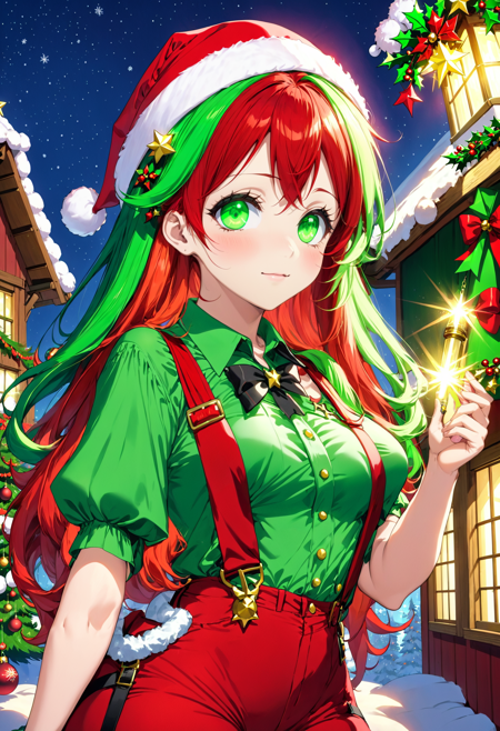 Christmas Theme,  1 girl,  solo,  green eyes,  santa hat,  holding lights,  happy,   two tone hair, red hair, green hair, long hair,  bangs,  hair_ornament,  puffy_sleeves,  shirt,  short_sleeves,  suspenders,  vfxfriday,  cottagepunk,  rtx, studio anime,  holidayxl style, <lora:HolidaysIdidalittlebiteXL:0.8>