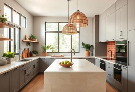 "A modern kitchen designed in a blend of Wabi Sabi and Tropical Modern styles. The cabinetry features a calming palette of dusty gray and taupe, complemented by saddle brown accents in wooden shelving and fixtures. Light stone countertops in light beige create an inviting workspace that balances elegance and functionality.
Lime green plants and herbs add natural freshness, while a subtle brick red backsplash provides warmth and character. Ample natural light floods through large windows, highlighting the organic textures of the materials.
Woven pendant lights hang above the central island, offering soft, ambient lighting. The island features a sandy beige countertop and serves as a casual dining area for family and friends to gather.
Overall, this kitchen blends simplicity with a touch of nature, creating a warm, inviting atmosphere that encourages culinary creativity and relaxation."