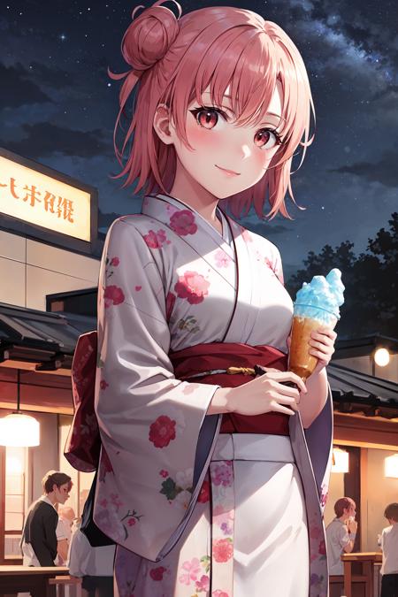 masterpiece, best quality, cowboy shot, looking at viewer, smile, blush, yui yuigahama, short hair, single hair bun, kimono, holding, shaved ice, outdoors, night, starry sky, summer festival, <lora:yui_yuigahama_v2:1>