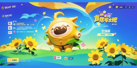 <lora:Game icon instituteui15:1>game icon institute/\(gui/\), a cartoon character with a yellow face and yellow flowers in front of a blue background with chinese characters on it, flower, sunflower, yellow flower, smile, blue eyes, no humans, fake screenshot(masterpiece, top quality, best quality, official art, beautiful and aesthetic:1.2),(8k, best quality, masterpiece:1.2)