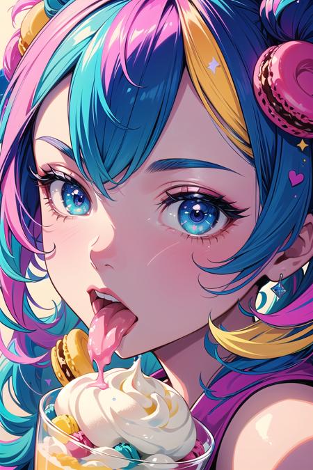 beautiful and detailed illustration,pop art,masterpiece, best quality, ultra-detailed,soft lighting,<lyco:GoodHands-beta2:0.8>, <lora:add_detail:0.3> , (colorful, vivid color:1.4), 1girl, ice cream, parfait, cream, macaron, tongue out, multicolor hair, smagnificent panorama view,glossy eyes,cinematic shot,vibrant colors,gorgeous colors,dynamic action pose,