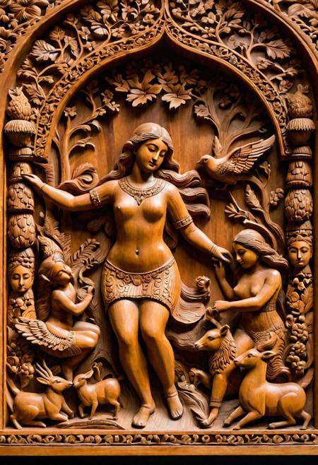 Masterful craftsmanship, intricate wooden art, exceptional quality, ultra-detailed, UHD, depth of field showcasing rich, natural wood grains. A symphony of carved figures, each with minutely detailed expressions and postures, set against a backdrop of a lush forest scene carved in relief. The play of light and shadow accentuates the textures, highlighting the artistic skill in transforming wood into a tableau of life, all captured in a warm, earthy palette