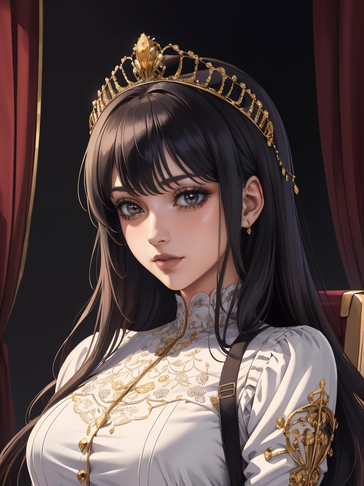A beautifully rendered anime-style woman with a crown and long hair.