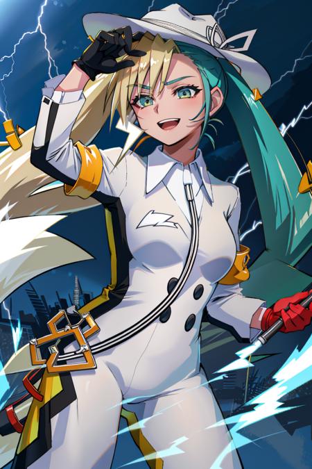 (masterpiece, best quality, highres, ultra detailed:1.2), (solo, 1girl, cowboy shot), denkimiku, gloves, twintails, hat, long sleeves, glasses, green hair, blonde hair, shirt, green eyes, pants, lightning earrings, BREAK, smile, (dynamic pose, nighttime, clouds, dark clouds, dark, lightning, storm, electricity)