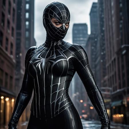 score_9, score_8_up, score_7_up, best quality, realistic, masterpiece, beautiful detail, hyperrealistic, ((1girl, woman body, big breasts)), amazing detailed full body portrait of a beautiful girl, wearing a realistic and highly detailed black raimi spider-man suit with mask, ((huge muscular girl)), professional model of korean girl wears ultra - detailed black raimi spider - man suit, ultra - detailed and grained black raimi spiderman suit, suit covered entire body and hand, black spiderman gloves, wet, (strong pose), (full body), (dirty skin), close up, octane render, highly detailed, volumetric, dramatic lighting, (highest quality:1.1), (HDR:1.3), (top quality, best quality), realistic, high definition,