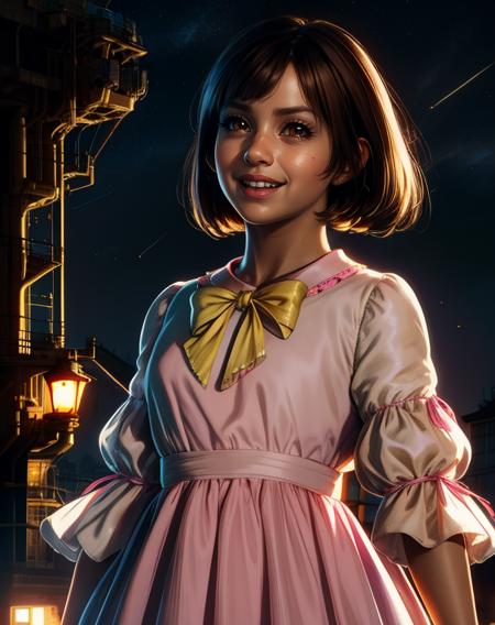 Marlene,brown hair,brown eyes,bangs,
pink dress,yellow ribbon,
standing,upper body,
light smile,
outdoors,steampunk,science fiction,night,
(insanely detailed, masterpiece, best quality),<lora:MarleneWallace:0.8>,