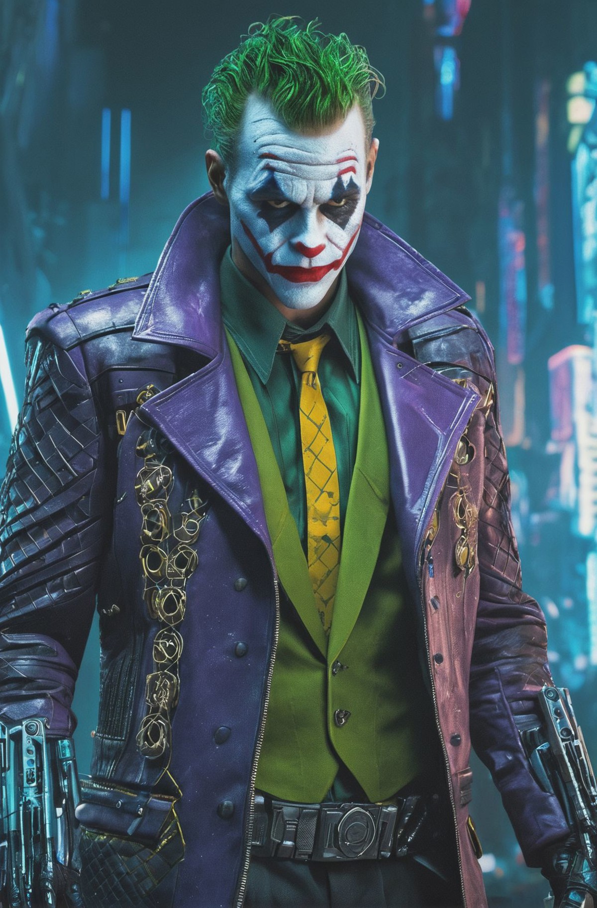 In the cyberpunk world, a transformed joker, with cybernetic enhancements, full body, perfect composition, hyperrealistic,...