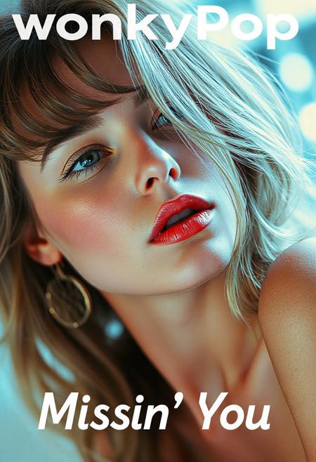 high quality design aesthetics, disco, synth pop, detailed, pop album cover, beautiful young white woman, artist name "WonkyPop", album title "Missin' You"