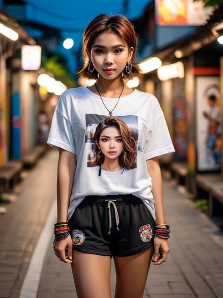 Portrait of a cute Thai woman showcasing white skin, brown hairstyles framing the face, wearing an oversized white t-shirt, XL size, complemented by black sporty-styled warm shorts, accessorized with bracelets and earrings, standing on walkways embraced by street art at twilight, captured with a DSLR camera equipped with a 50mm lens, comic book style, full body viewpoint, digital painting with <lora:SS02ImpressionisticPainting_Hap_XL:1.8>,