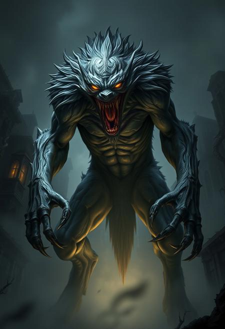 "Hyper-realistic depiction of a stylized werewolf boss, inspired by the dark, Gothic world of Bloodborne. The werewolf's body is a twisted, nightmarish amalgamation of human and lupine features, with bulging, pulsing muscles and eerie, glowing markings. Its fur is matted and dirty, with visible scars and wounds, and its eyes glow with a feral, otherworldly energy. The werewolf's claws are razor-sharp and stained with blood, and its jaws are open wide, revealing rows of jagged, yellowed teeth. The surrounding environment is a dark, mist-shrouded, Victorian-era inspired cityscape, complete with crumbling architecture and twisted, organic growths. Style: extremely detailed, hyper-realistic, and darkly atmospheric, with a focus on capturing the eerie, unsettling essence of Bloodborne's world and the werewolf's terrifying, imposing presence."