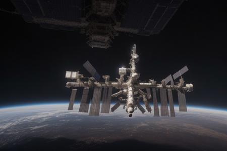 A space station in Earth orbit. A close-up view of the station, on the body of which many wires, tubes with liquids, hoses and electronic circuits are visible. Reflections on the station building. The Earth is visible under it, the black sky, the stars are visible.