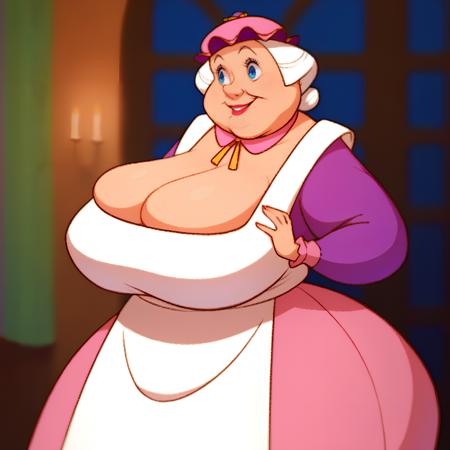 obese, woman, purple top, pink skirt, white apron, pink hat, white hair in a bun, blue eyes