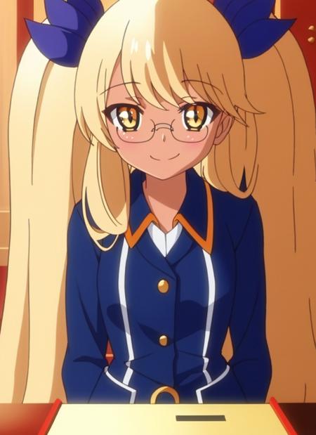 (masterpiece:1.3), (best quality:1.2),1girl,solo,yellow eyes,dark skin,blonde hair,long hair,glasses,twintails,hair ribbon,very long hair,smile,looking at viewer,