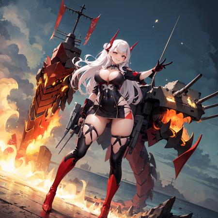 Shipgirl, IronBlood, 1girl, rigging, turret, solo, looking at viewer, full body, mature female, breasts, dynamic_pose, dutch angle, scenery, sea, ocean, standing, outside border, fire, destruction, long hair, white hair, huge breasts, high heel boots, smirk,<lora:Shipgirlsv2-10:1>, symmetrical, cowboy shot,