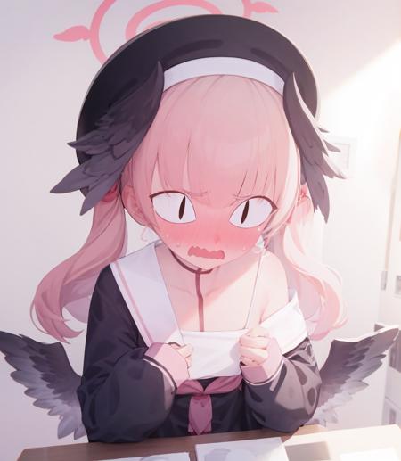 masterpiece, best quality,highres, 1girl, halo, pink hair, berret, head wings, black wings, low wings, <lora:koharu-000012:1>, (white background), off shoulder, collarbone,school uniform,sitting,[snake pupils,wavy_mouth,embarrassed,nose_blush] ,<lora:BAstyle2-000016:0.3>