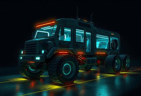 1 vehicle, 
cyberpunk semi-truck. Oversized wheels. Large cabin with big windows.
View from above.