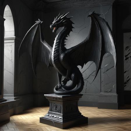 3d object, a statue, made of black, slightly translúcido obsidian.
The representation of a giant winged serpent, a "dragon" of the old world, hyper realistic and ultra detailed, dramatic lighting, ray tracing.
On a small simple pedestal, in a room made of (((ardósia))) black schist