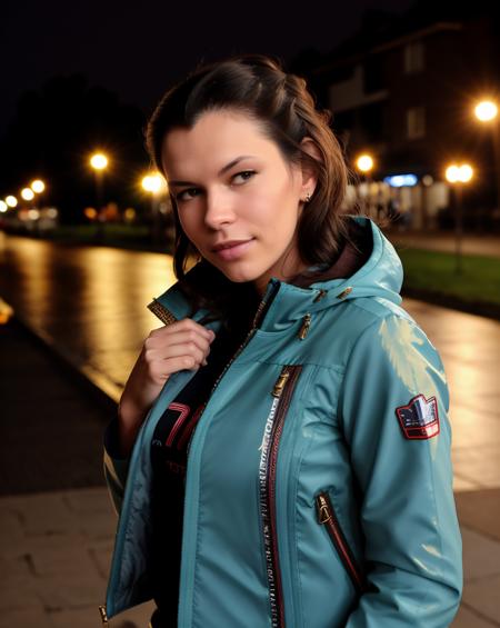 closeup portrait  of SuzannaAye, wearing a jacket, looking at camera, 8k uhd, dslr,  outside, reflections, atmospheric, bokeh,    <lyco:SuzannaAye_SD1.5_230818:1.0>