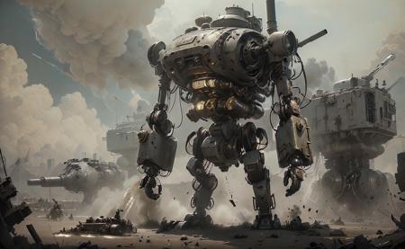 (masterpiece,top quality,best quality,official art,beautiful and aesthetic:1.2), battle mech, 
steampunk, <lora:SteamPunkMachineryv2:0.6><lora:decolorization:1.3>, decolorization,<lora:epiNoiseoffset_v2:1>