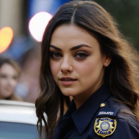 mila_kunis,beautiful photo of a woman, wearing a police uniform, long hair, skin spots, looking at the camera, (shy smile), streets, party, street carnival, sharp focus, natural lighting,<lora:MilaKunisXL:1>, ((sharp face, detailed face, realistic face, naturtal skin, realistic skin, detailed skin, pores)), ((perfect eyes, detailed eyes,realistic eyes))