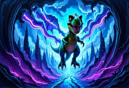 A cyberpunk movie poster featuring a majestic flying tiny t-rex soaring through a neon-lit futuristic cityscape. The tiny t-rex has glowing, cybernetic wings and radiant fins, leaving trails of vibrant blue and purple light as it glides effortlessly through an electric blue sky filled with holographic projections and towering skyscrapers. The words 'LET'S FLY' are displayed in bold, glitchy neon text, shimmering with a flickering effect, positioned prominently in the composition. The background pulsates with energy, showcasing the dynamic city streets below, illuminated by glowing advertisements and streaks of light from flying vehicles. The overall tone is vibrant, energetic, and futuristic.