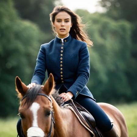 Skin texture high res half body photo of a young gorgeous woman riding a horse,f /2.8, Canon, 85mm,cinematic, high quality, skin texture, looking at the camera, <lora:ceaton_xl_1_standard-merger_73_83_07_03:1>