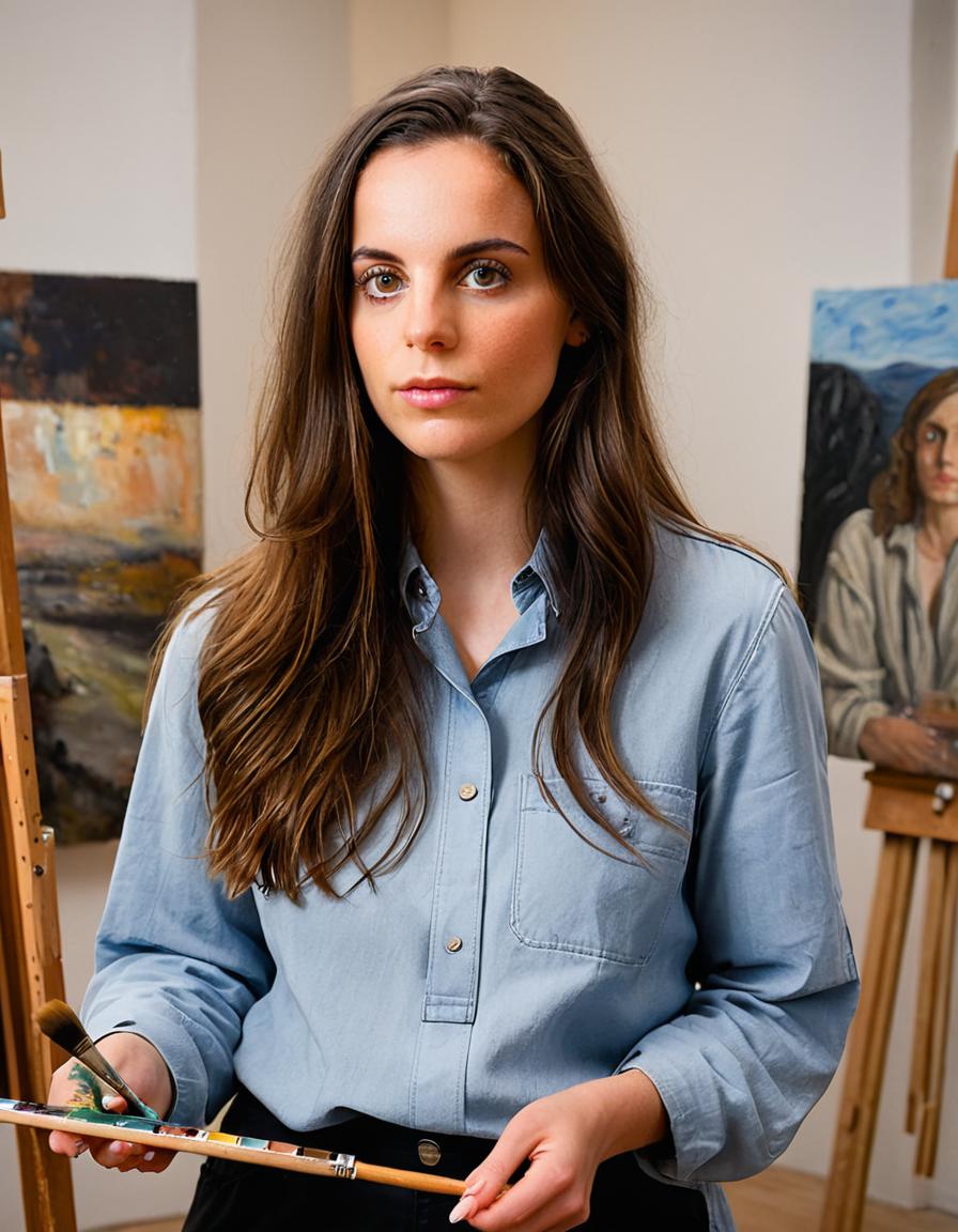 <lora:m1r4mur4t1_SDXL_SGX:0.9>,(medium closeup) photograph of (beautiful 25 year old) (m1r4mur4t1:1.2) woman with dark hair,as a famous artist,holding a brush (painting a masterpiece landscape:1.3),wearing a tan painters smock and black cargo pants,in an art studio,surrounded by sculptures and unfinished paint canvases, face focus,(bokeh),facing viewer,rich details,clear shadows and highlights,realistic,highly detailed,