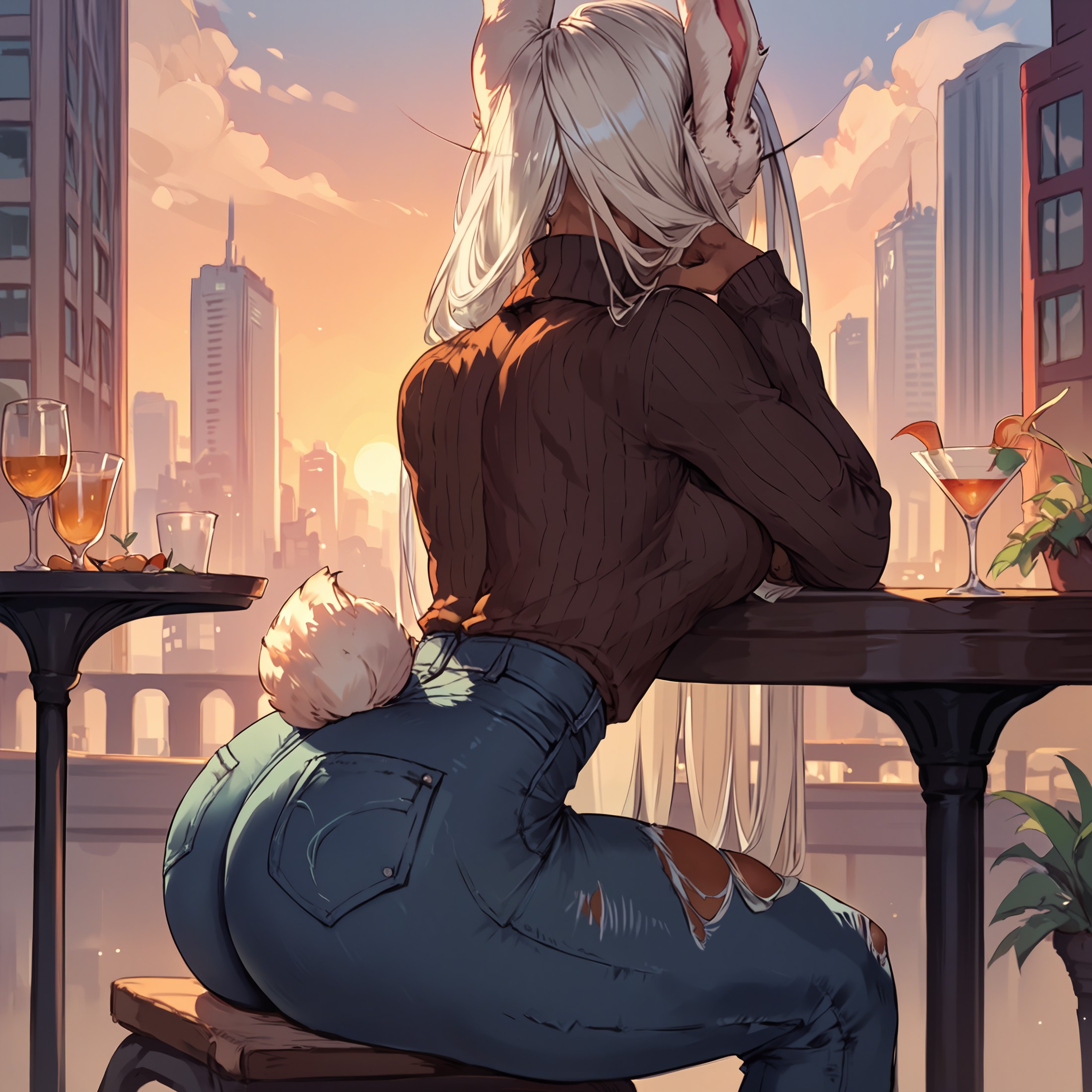 score_9, score_8_up, score_7_up, score_6_up BREAK 1girl,solo,outdoors,sitting,cityscape,sunset,ripped jeans,butt,from side...